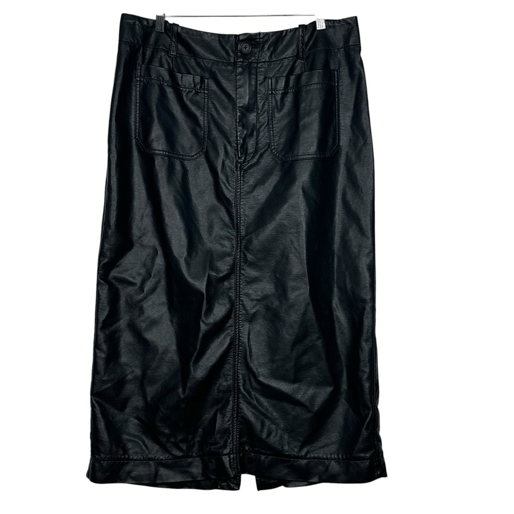 Maeve Anthropologie Colette Black Faux‎ Leather Maxi Skirt XL Utility Pockets